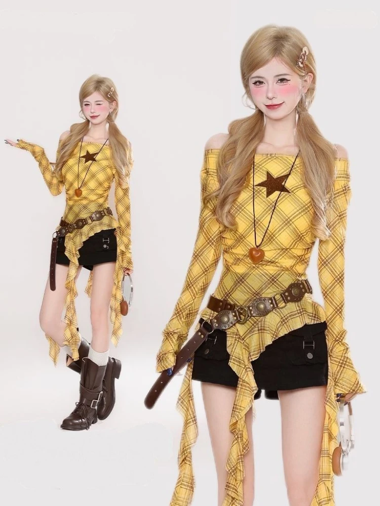 Y2K Plaid Slash Neck Vintage T - Vintage Fashion Women ulasan dan harga
