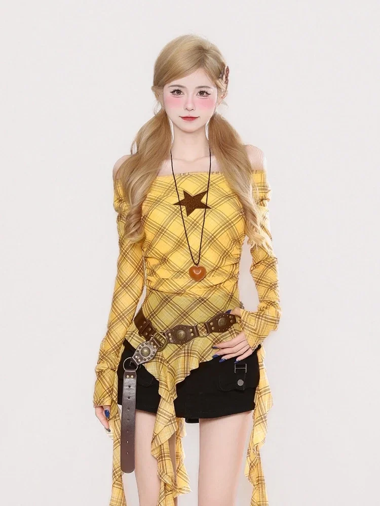 Y2K Plaid Slash Neck Vintage T - Vintage Fashion Women ulasan dan harga