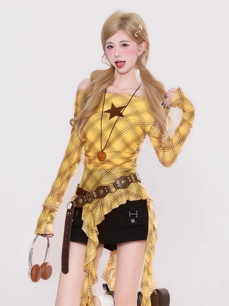 Y2K Plaid Slash Neck Vintage T - Vintage Fashion Women ulasan dan harga