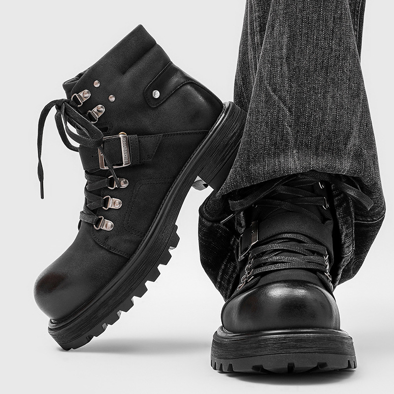 Brand Men Leather Boots Motorc - Vintage Fashion Boots ulasan dan harga