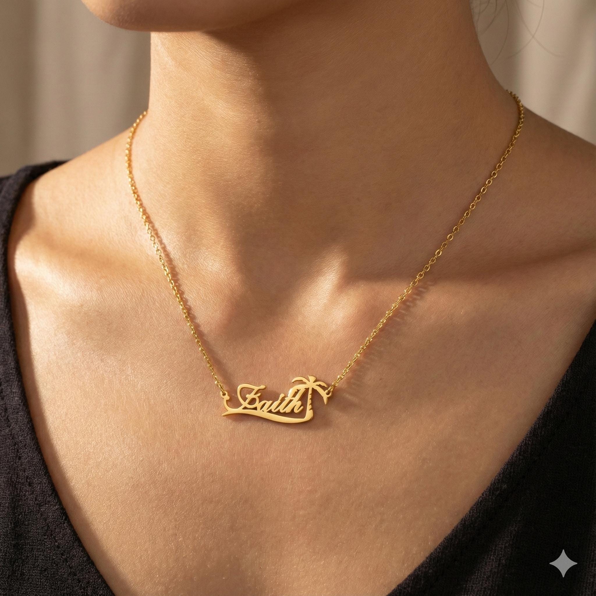 Custom Palm Tree Name Necklace - Vintage Fashion Guild ulasan dan harga
